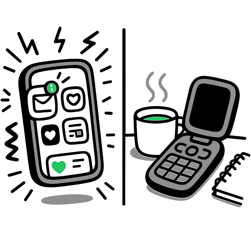 Illustration of a smart phone with lots of notifications and a calm flip phone