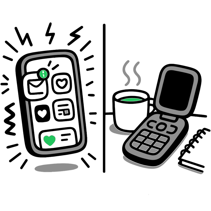 Illustration of a smart phone with lots of notifications and a calm flip phone