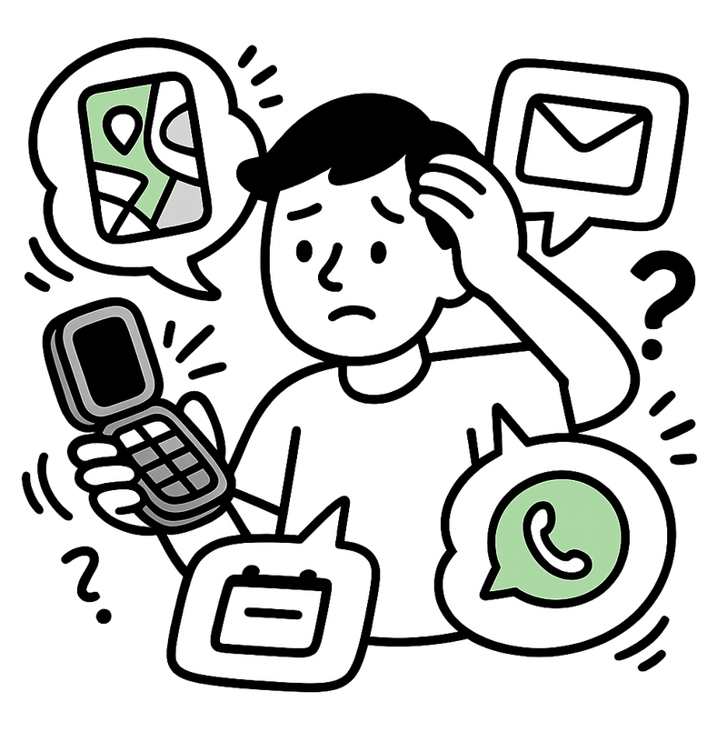 Person using flip phone looking confused